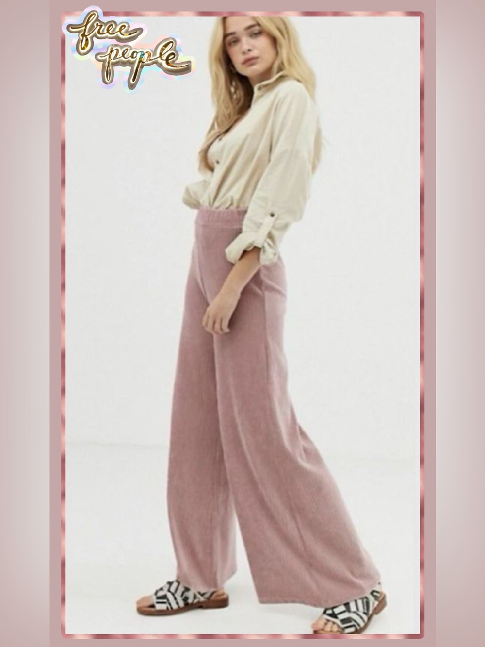 Free People Bambi wide leg corduroy pull on pants Small light mauve pink boho